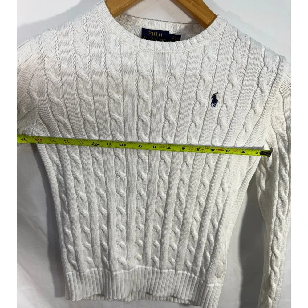 Polo Ralph Lauren White Cable Knit Cotton Sweater Crew Neck Navy Pony Small SP